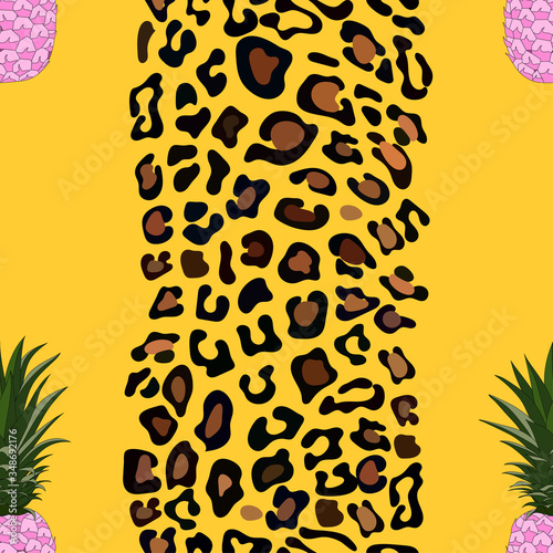 Vector Seamless pattern of leopard skin and pink pineapple on yellow background, illustration Leopard print, Wild Animals and topical fruit pattern for fun time on summer holiday concept