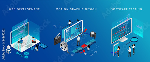 Isometric 3D Web Development, Video Edit And Software Testing Concept. Tiny Characters Work On Laptops Test Software, Edit Video And Develop New Web Technologies. 3D Cartoon Vector Illustrations Set