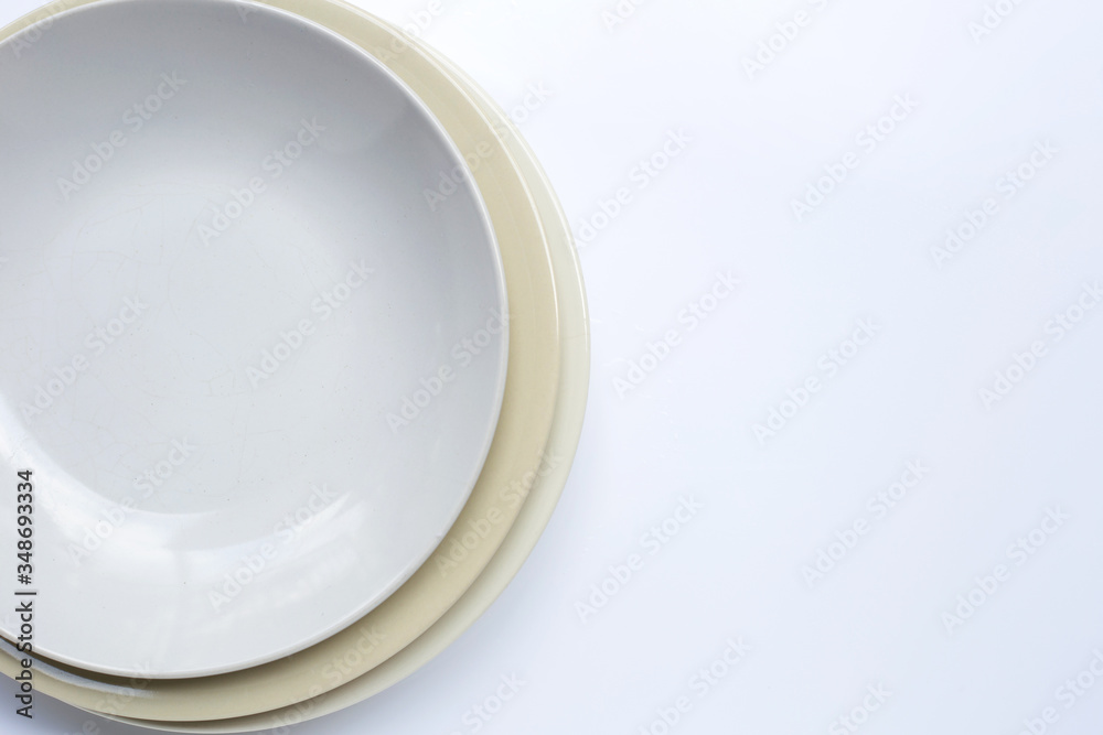 Top view of dishes on white background. Top view of dishes on white background.