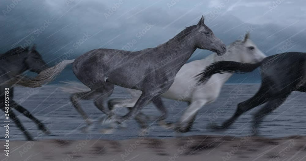 Animation featuring a herd of wild horses galloping on a beach in the rain, with a stormy ocean in the background.