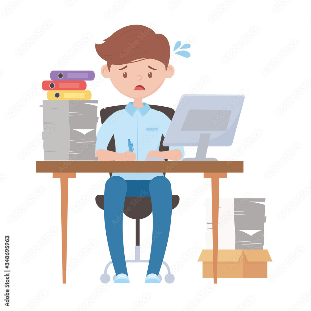 stress at work, sad employee in office with many papers binders desk chair computer stress at work, sad employee in office with many papers binders desk chair computer