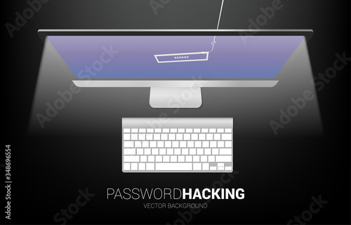 Password hacking with fishing hook from computer. Concept of click bait and digital phishing.