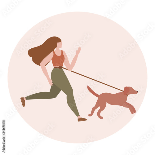Girl running outdoor with dog, hands free dog leash, natural earthy colors, browns and greens