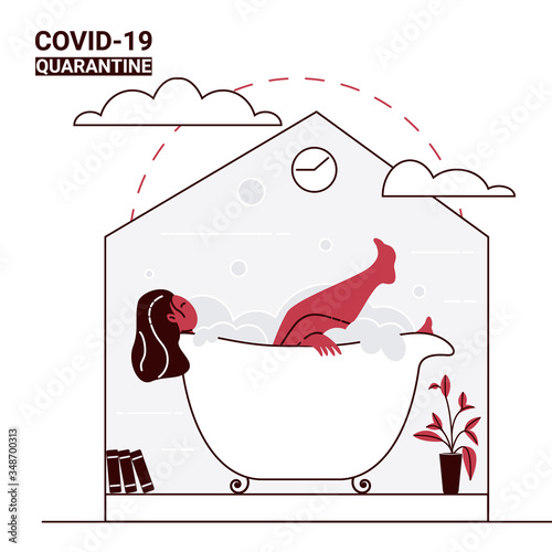 Girl is lying in hot bath and relaxing. in her house. Self-isolation and COVID-19 quarantine vector illustration. Self care bodypositive poster.
