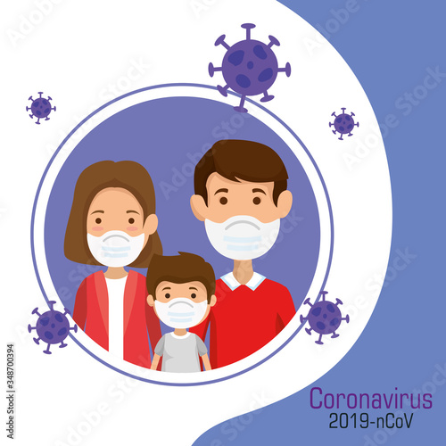 parents with son using face mask and particles 2019 ncov vector illustration design