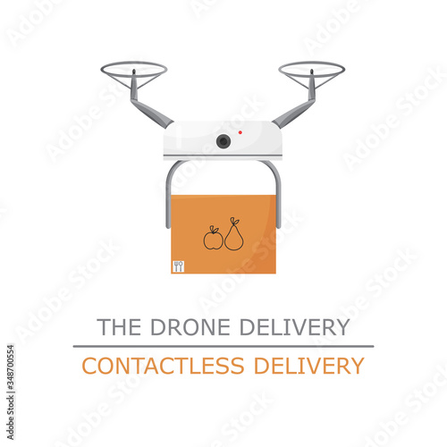 Vector illustration of drone contactless delivery isolated. Non-contact express service to bring your purchase. Cartoon flat design of future logistic system. White quadcopter holding carton box