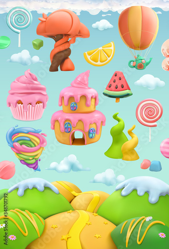 Sweet candy land. 3d vector object set. Plasticine art illustration