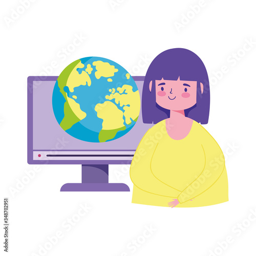 online education, student computer screen world