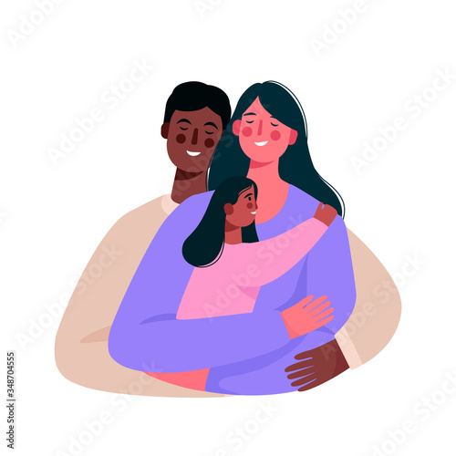 Happy multiracial family. African american father, mother and daughter together. Good parenting. Care, trust and support between parents and children.Vector illustration in flat cartoon style.