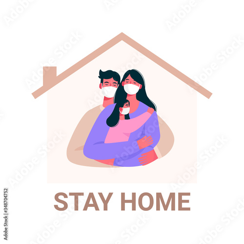 Novel coronavirus 2019-nCoV. Family wearing protective Medical mask. Coronavirus quarantine. Stay home, stop coronavirus. Health care. Fears of getting coronavirus.Flat cartoon vector illustration