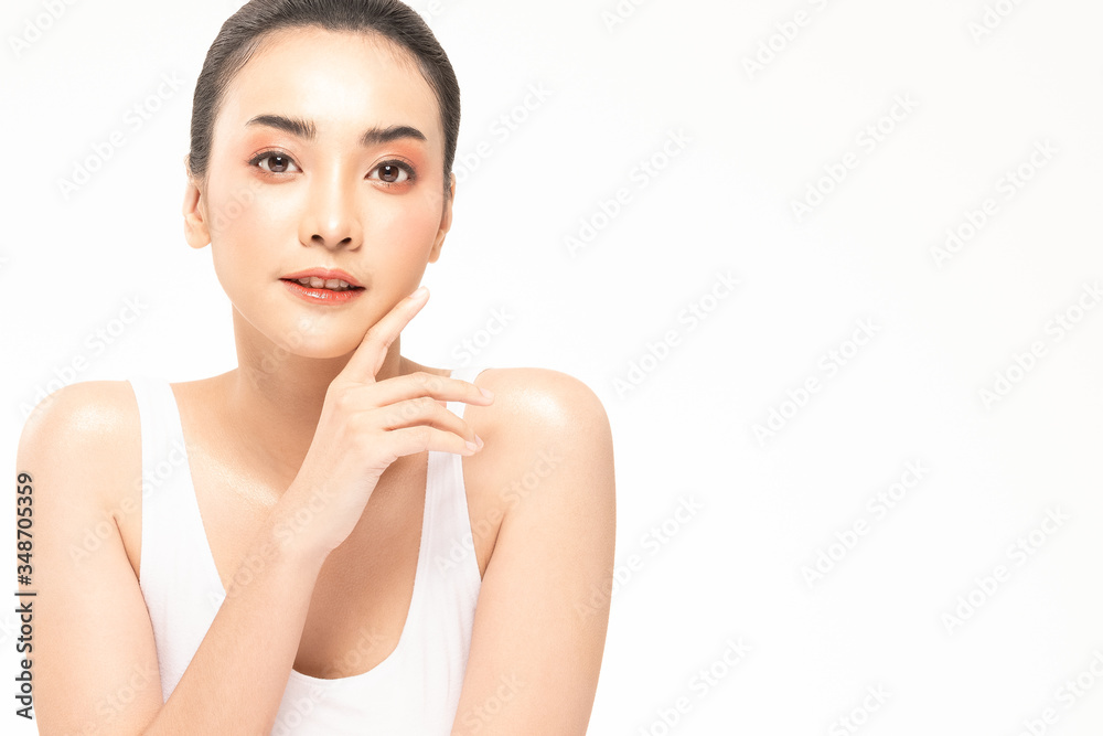 Beauty asian women touching soft chin portrait face with natural skin and skin care healthy hair and skin close up face beauty portrait.Beauty Concept on white background. Beauty asian women touching soft chin portrait face with natural skin and skin care healthy hair and skin close up face beauty portrait.Beauty Concept on white background.