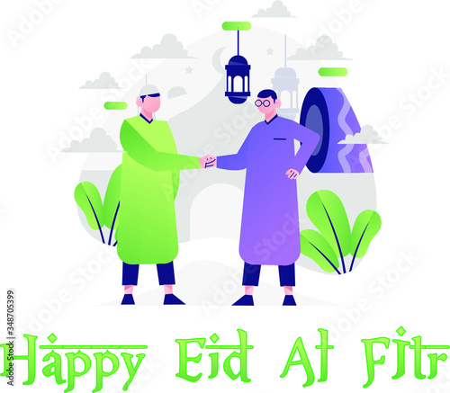 Happy Eid-Al-Fitr Mubarak - End of  Ramadhan  - Flat character design forgive each other with hand shake - Idul Fitri photo