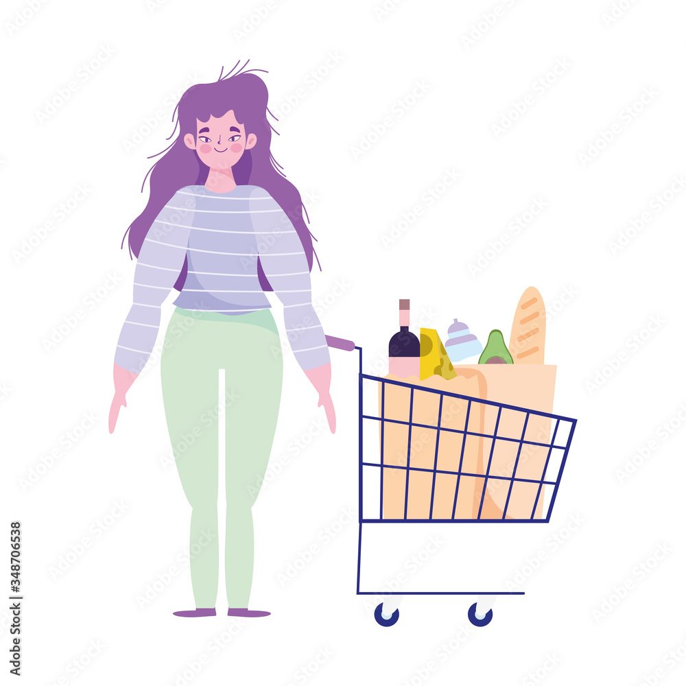 woman characters with shopping cart and bag food supermarket woman characters with shopping cart and bag food supermarket