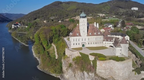 Aerial panorama of Schloss Schonbuhel, a castle in the Wachau Valley near Melk, Lower Austria