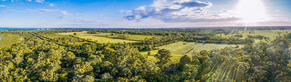 Scenic landscape of agricultural land and native trees on Mornington Peninsula, Victoria, Australia