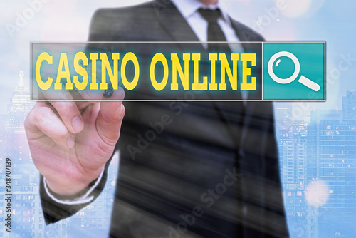 Word writing text Casino Online. Business photo showcasing Computer Poker Game Gamble Royal Bet Lotto High Stakes photo