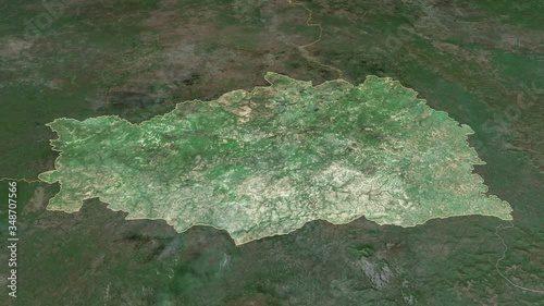 Kédougou, region with its capital, zoomed and extruded on the satellite map of Senegal in the conformal Stereographic projection. Animation 3D photo