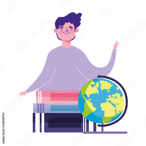online education, student boy school globe stacked books idea