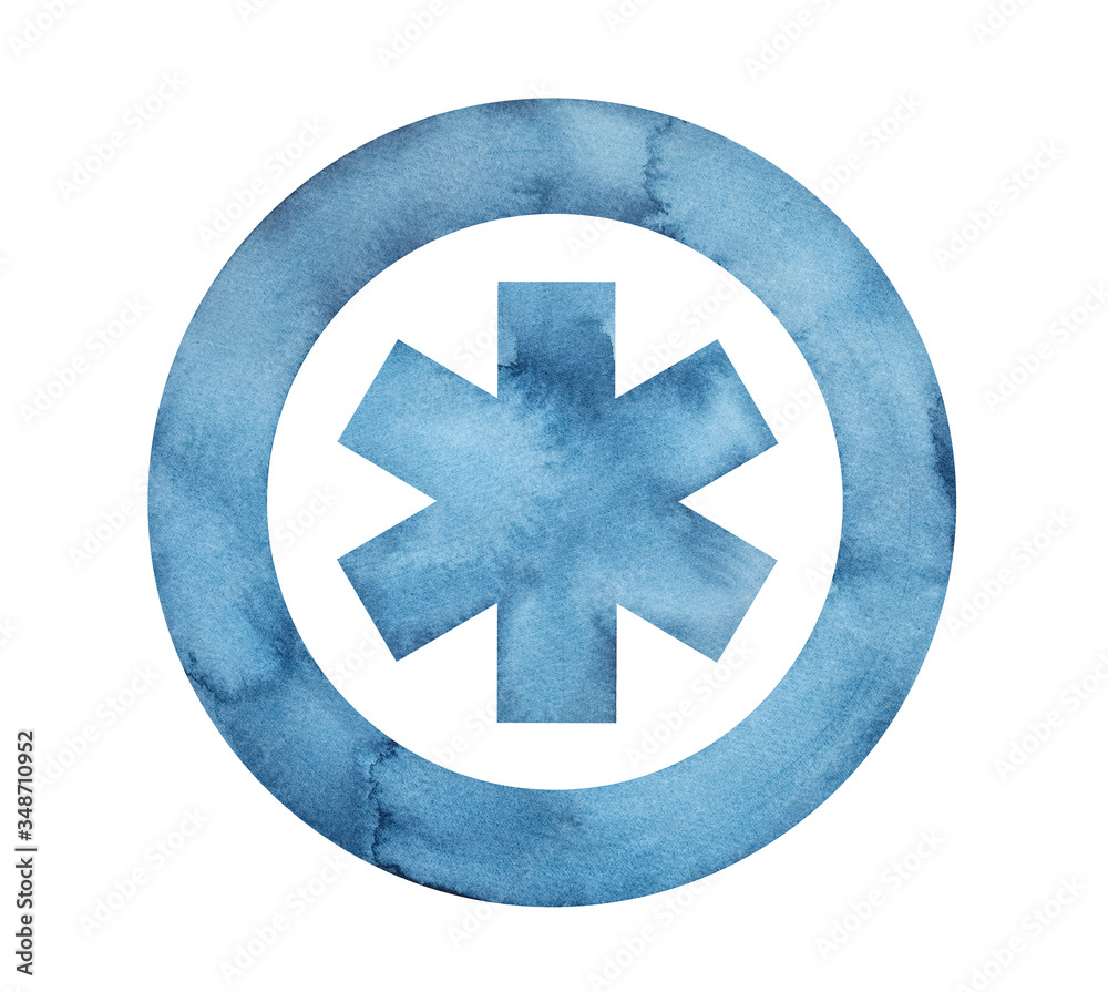 Fototapeta premium Star of Life, medical emergency symbol. Blue 6-pointed sign with round border around. Hand painted watercolour graphic drawing with artistic stain and brush strokes. Cutout clipart element for design.