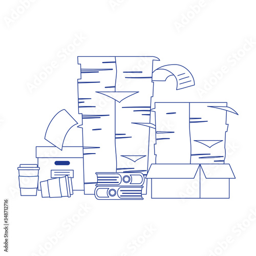 stress at work, stack of documents and books boxes and coffee cups