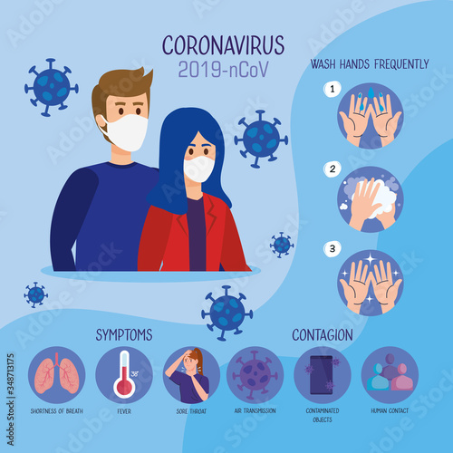 couple using face mask with information 2019 ncov vector illustration design