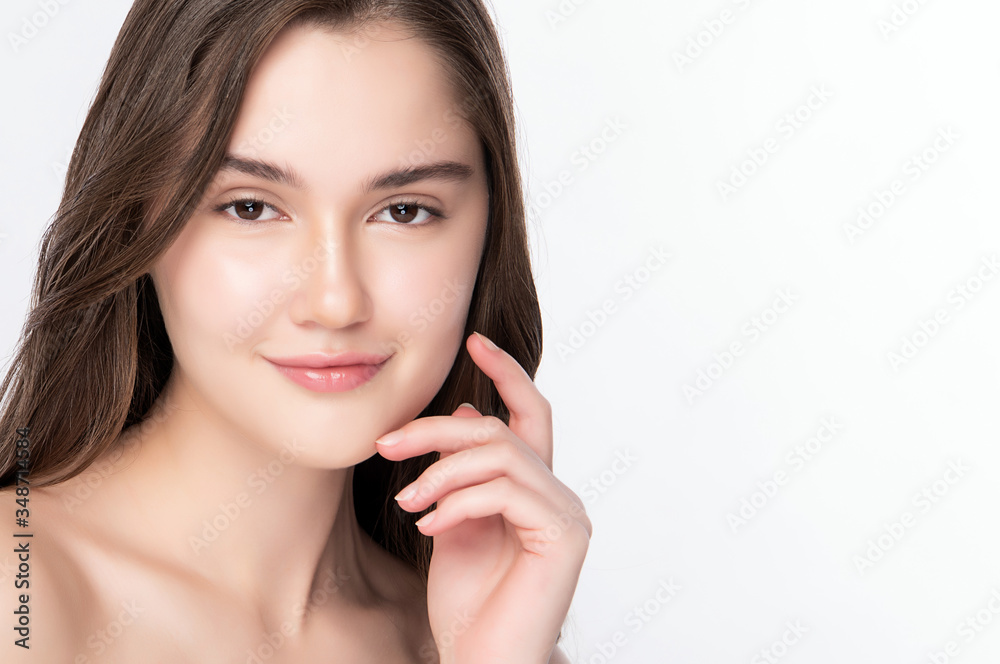 Beautiful Young Woman touching her clean face with fresh Healthy Skin, isolated on white background, Beauty Cosmetics and Facial treatment Concept Beautiful Young Woman touching her clean face with fresh Healthy Skin, isolated on white background, Beauty Cosmetics and Facial treatment Concept