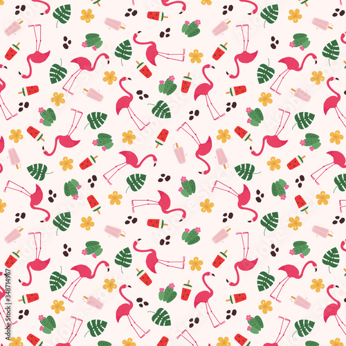 Tropical/exotic seamless pattern. Flamingo, tropical leaves and flowers, ice cream. 