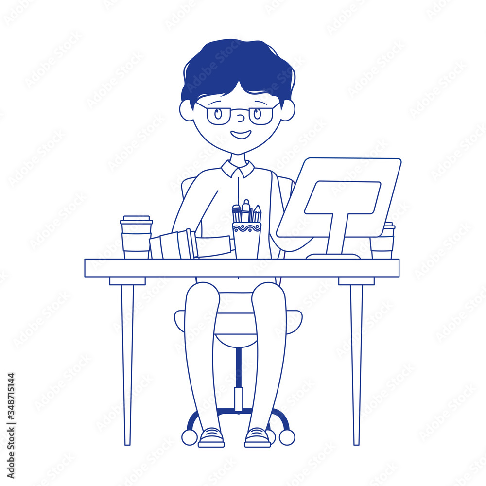 smiling employee working with computer coffee cup on desk isolated design