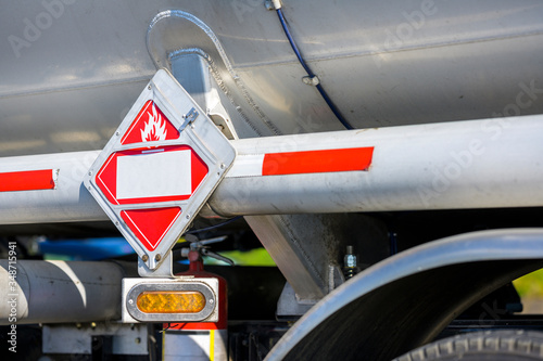 Tank Semi Trailer with signs for the transport of hazardous flammable liquids