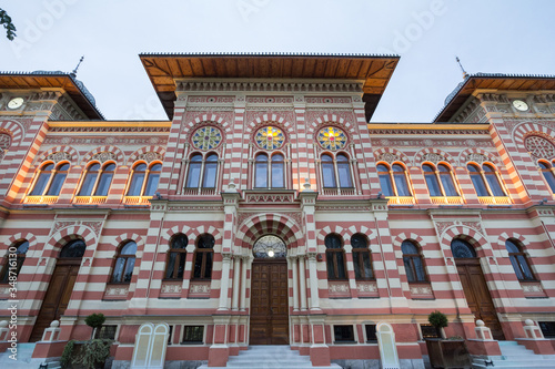 Facade and entrance of the main hall of the Vijecnica, the former library and city hall of Brcko, bosnia and Herzegovina, built in the 19th century, characterized by its ottoman style.