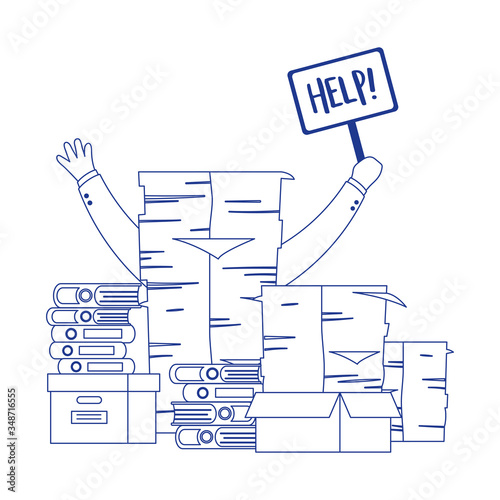stress at work, hand holding help placard pile of papers and sticky notes