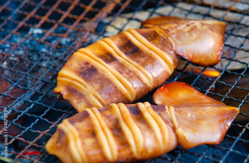 фотографія イカ焼き　バーベキュー　炭火でイカのぽっぽっ焼き
