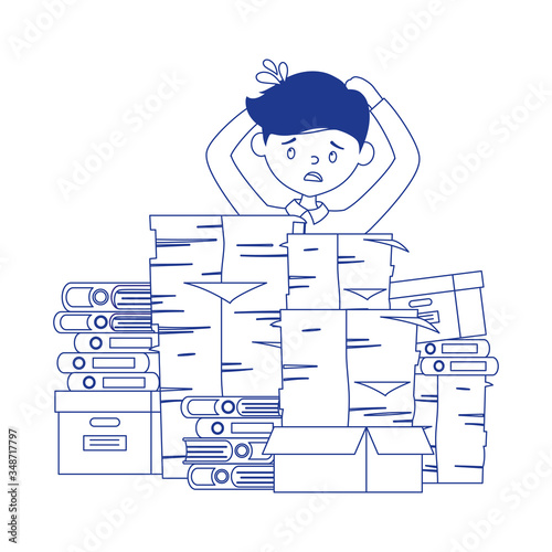 stress at work, worried employee with pile of documents and many binders and boxes