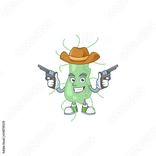 A masculine cowboy cartoon drawing of salmonella holding guns