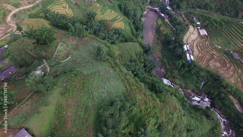 Aerial view of beautiful Cat Cat village in Sapa, Lao Cai, Vietnam