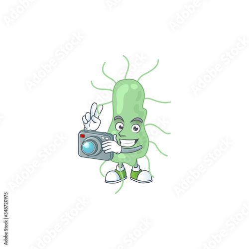 Salmonella photographer mascot design taking a picture with a camera