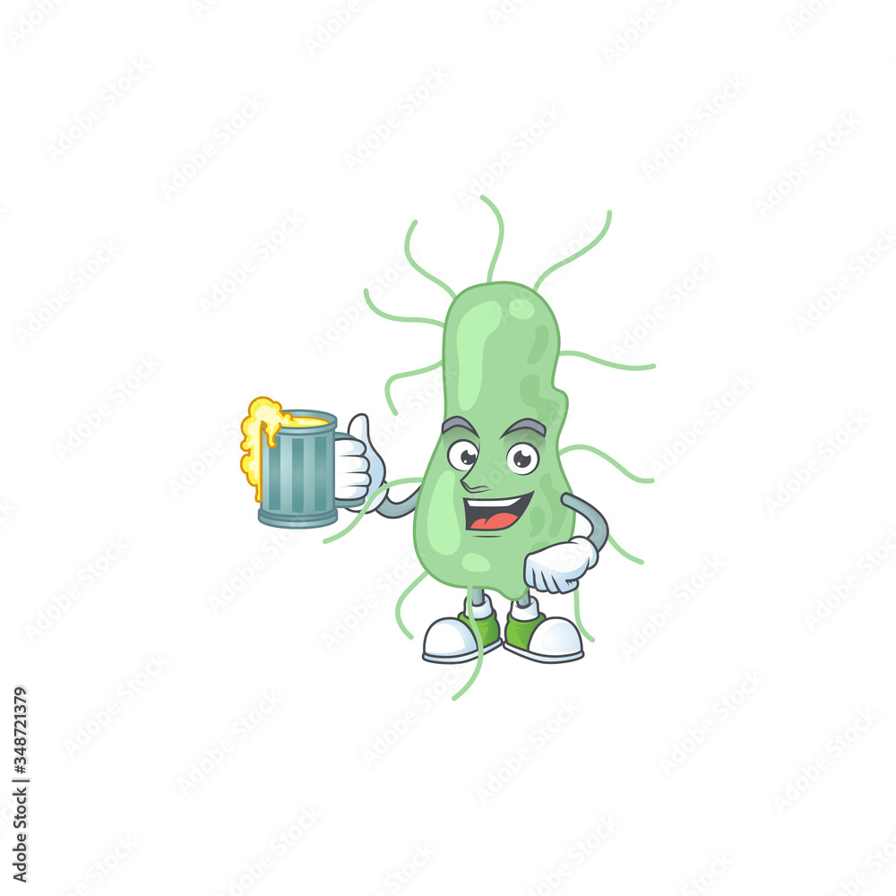 A cheerful salmonella cartoon mascot style toast with a glass of beer A cheerful salmonella cartoon mascot style toast with a glass of beer