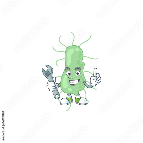 A smart mechanic salmonella cartoon mascot design fix a broken machine