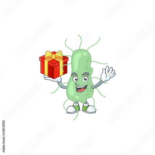 Salmonella cartoon mascot concept design with a red box of gift