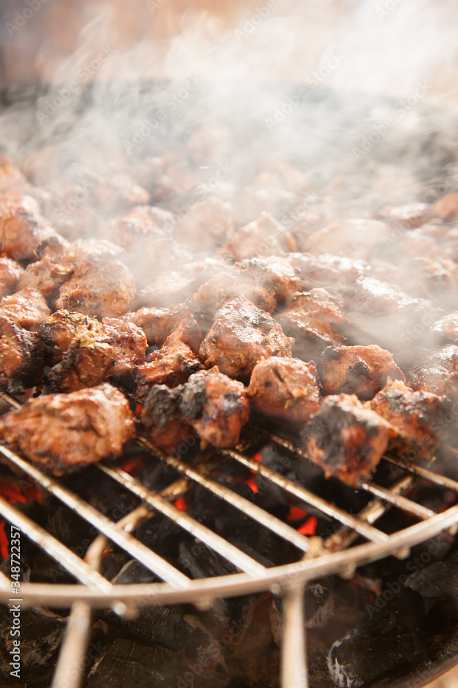 Shashlik grilling on grill with live flame Shashlik grilling on grill with live flame