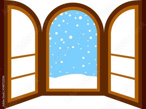 Open window frame with falling snow