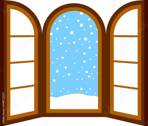 Open window frame with falling snow