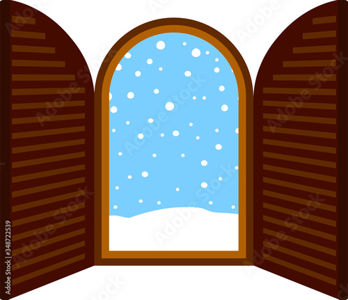 Open window frame with falling snow