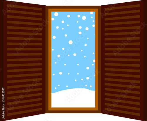 Open window frame with falling snow