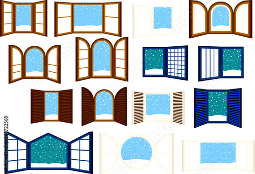 Open window frame with falling snow set