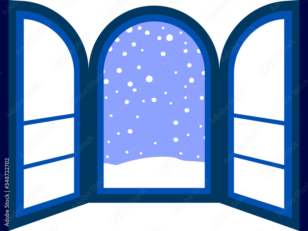 Blue Open window frame with falling snow