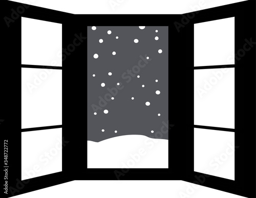 Monochrome Open window frame with falling snow