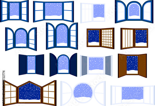 Blue Open window frame with falling snow set