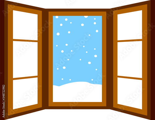 Open window frame with falling snow