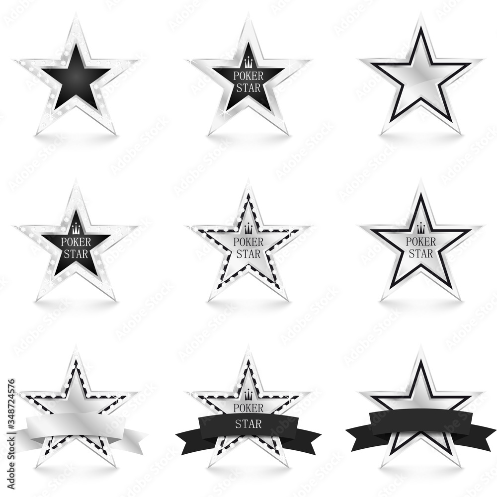 Obraz premium Silver star with diamonds set isolated on white background. Poker concept. Different silver stars. Vector Illustration